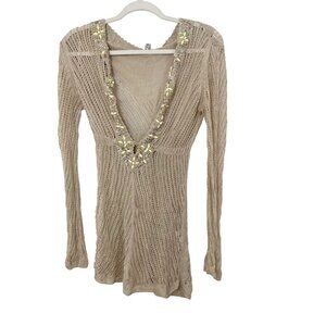 Victorias Secret Tan Linen Blend Crochet Long Sleeve Cover Up Dress Beaded SMALL